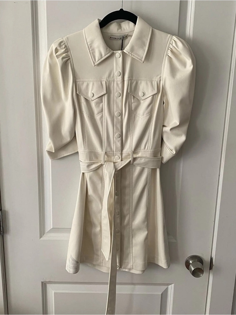 Alice and Olivia Cream Button-Front Belted Dress- Vegan Leather